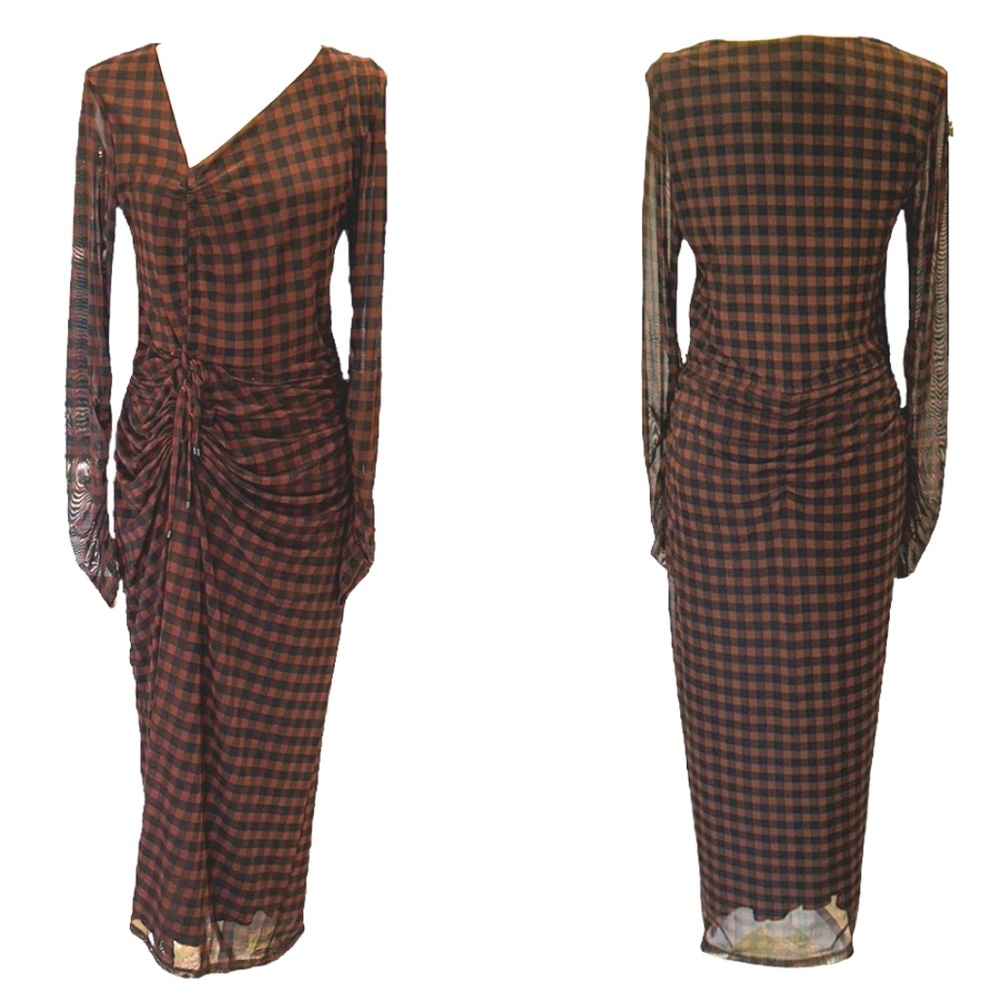 House of Harlow 1960 Brown & Black Checked Ruched Mesh Maxi Dress - L